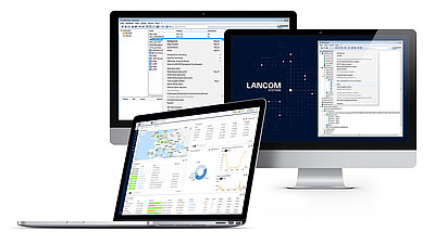 Collage von Bildschirmen mit LANCOM Management Cloud, LANconfig und LANmonitor