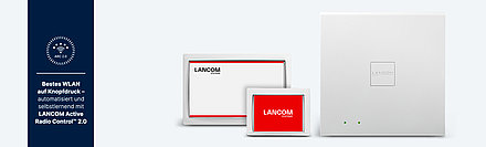 Produktkollage LANCOM Wireless ePaper Portfolio mit dunkelblauem Verweis auf WLAN-Optimierungslösung LANCOM Active Radio Control™ 2.0